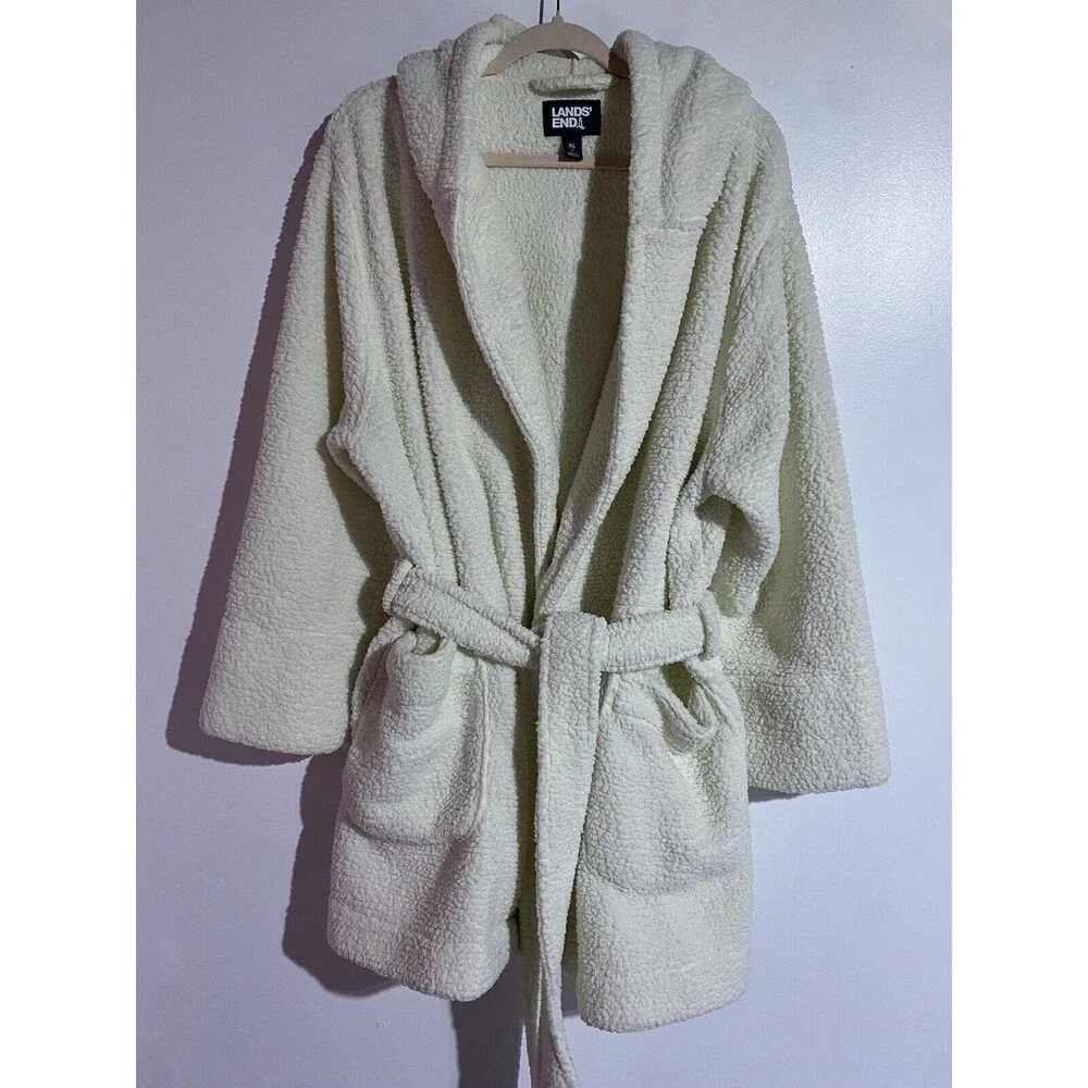 Lands End Robe Womens XL Ivory Sherpa Fleece Big Fluffy Cozy Warm Lounge Pockets